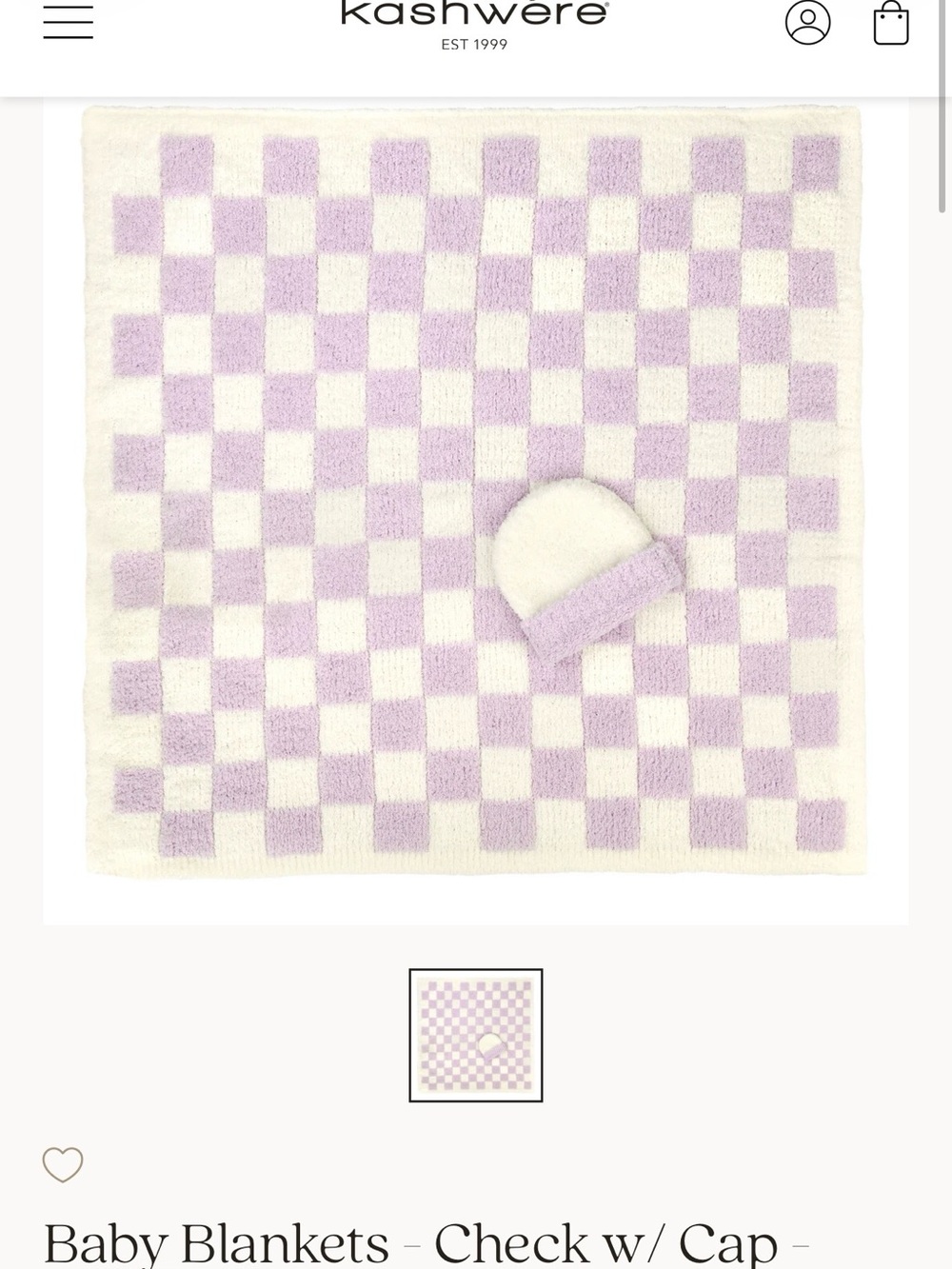 Kashwere Baby Blanket & Cap Set, Check Chenilla Cloud, Iris/Creme, NWT